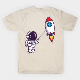 Cute Astronaut Playing Rocket Kite Cartoon T-Shirt